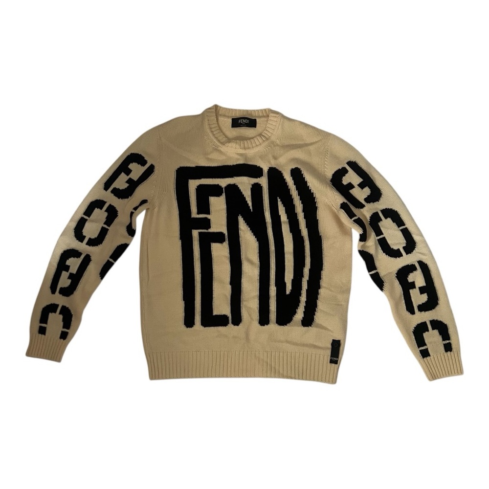 Fendi Men's Logo Sweater in Beige with Black Accents, size IT 46 or US Small